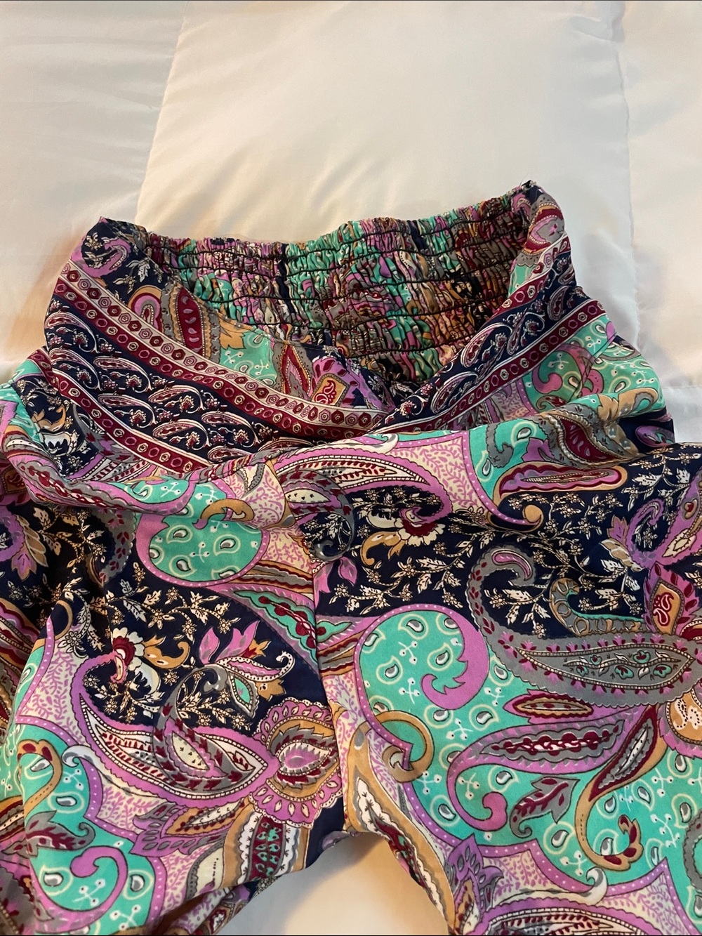 Paisley Print Silk trousers in Teal, Purple & Pink - Picture 3 of 7